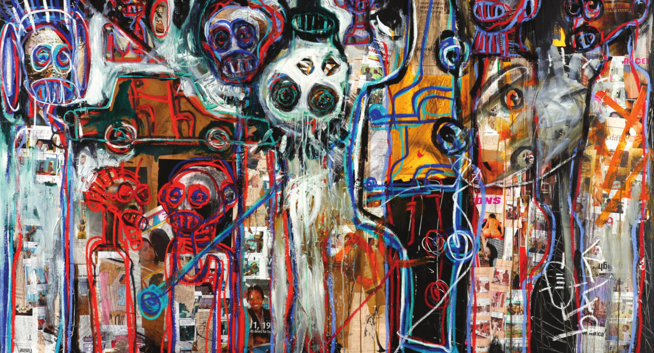 Aboudia (Ivory Coast), Untitled, 2013. Acrylic and mixed media on canvas, 125 x 200 cm. Courtesy of Jack Bell Gallery, London | Vestfossen Kunstlaboratorium