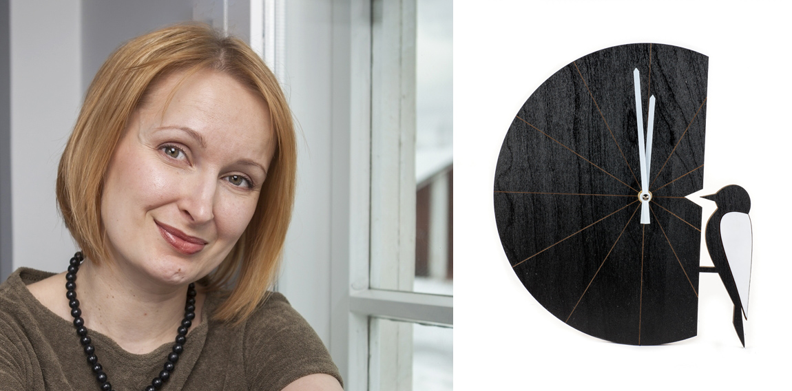 Designer Pauliina Rundgren and Tikka wall clock. Pauliina Rundgrén HandiCrafts, Designing products with a purpose, Scan Magazine