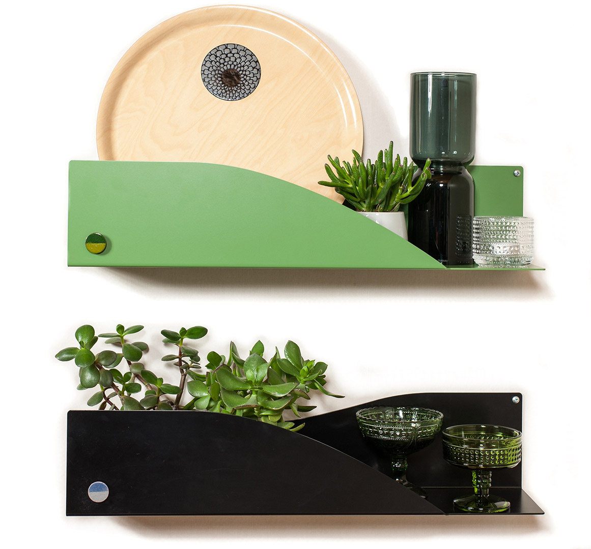 Saimaa shelves in green and black. Pauliina Rundgrén HandiCrafts, Designing products with a purpose, Scan Magazine